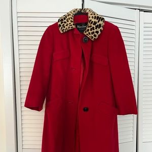 vintage long red wool coat with leopard faux fur collar